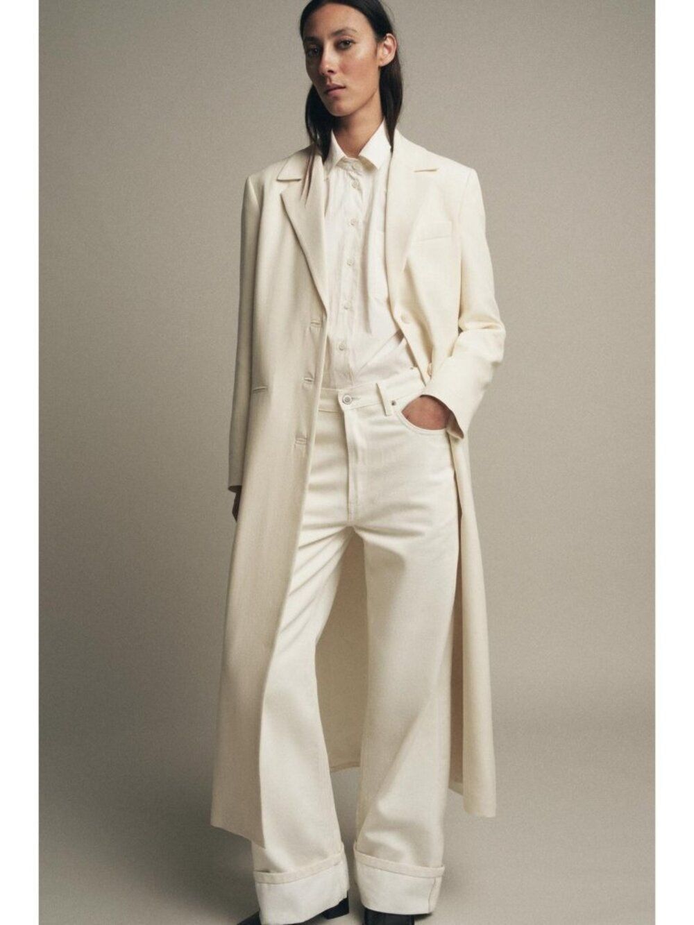 Zara ZW Collection Womens Frock Coat Long blazer Large Ecru ivory 8517/694 NWT